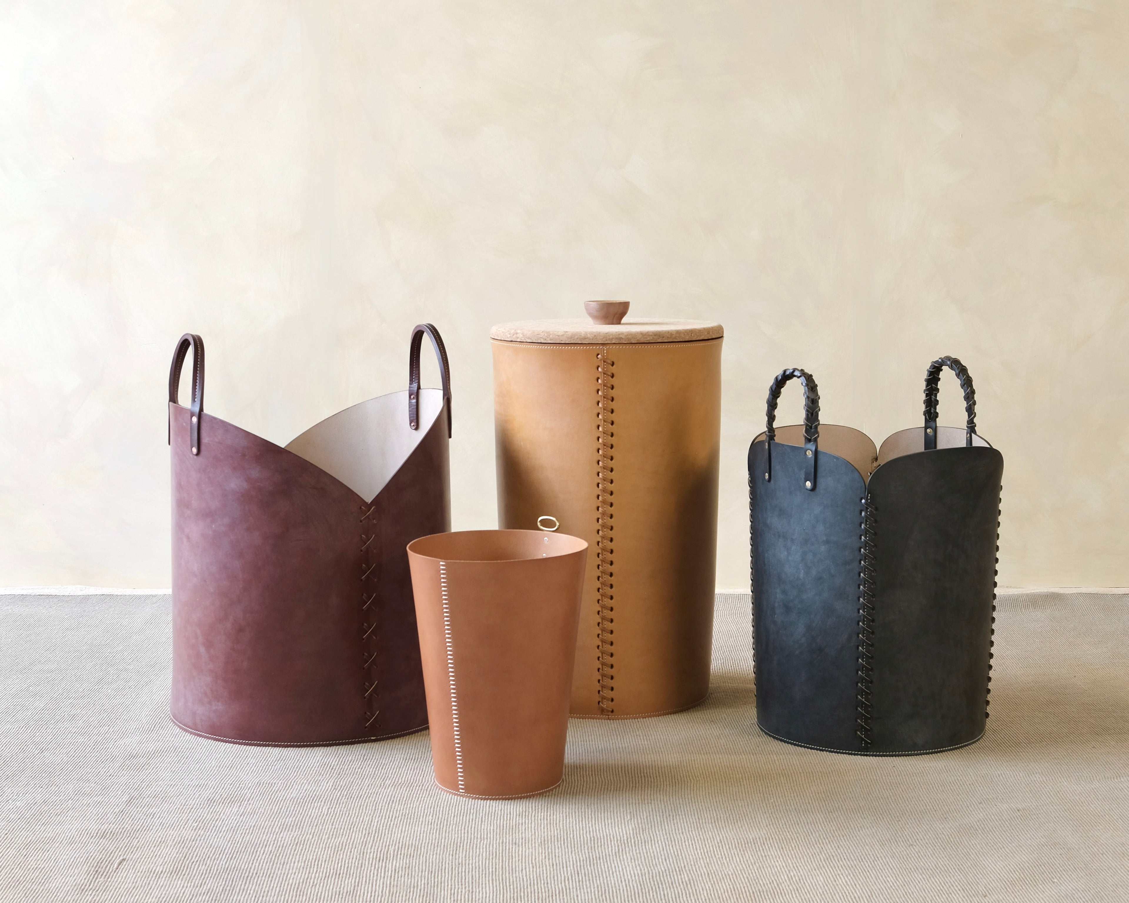 Highest quality handmade leather baskets in different sizes and colours. Baskets for storage, laundry, logs and more - beautiful and functional